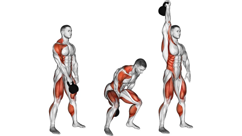 Three-quarter-view anatomical illustration of a man holding one kettlebell low, swinging it between his legs, and standing with it overhead on a straight arm.
