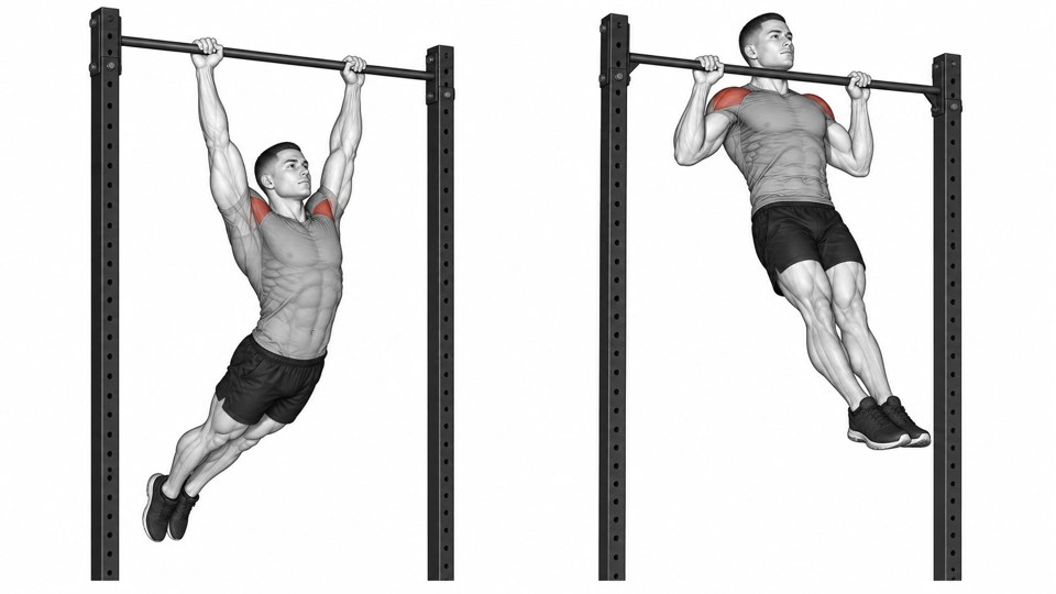 Exercise illustration: Swing preparation and chin above the bar with the legs displaced forward.