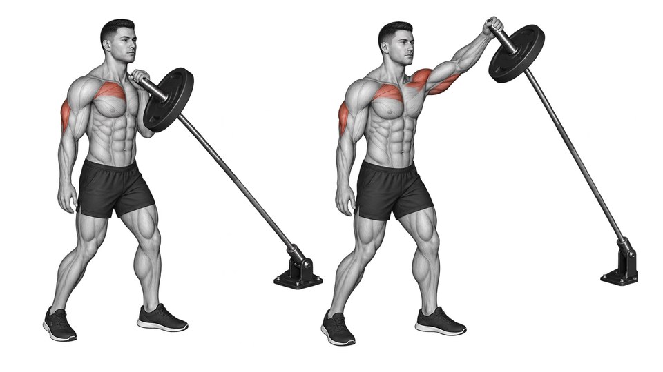Two-position anatomical illustration of a standing one-arm landmine press, moving a barbell from the shoulder upward and forward, with the front shoulder and triceps highlighted.