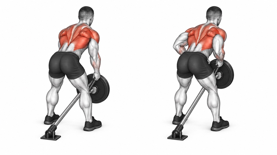 Two rear three-quarter anatomical frames of a man performing a bilateral landmine row while straddling an anchored barbell, holding a neutral-grip V-handle behind the plate with both hands, then rowing the plate toward his lower chest.