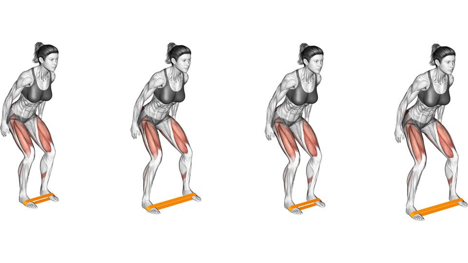 Female anatomical model taking sideways steps with an orange band around the forefeet, shown in four frames with hip and thigh regions shaded red.