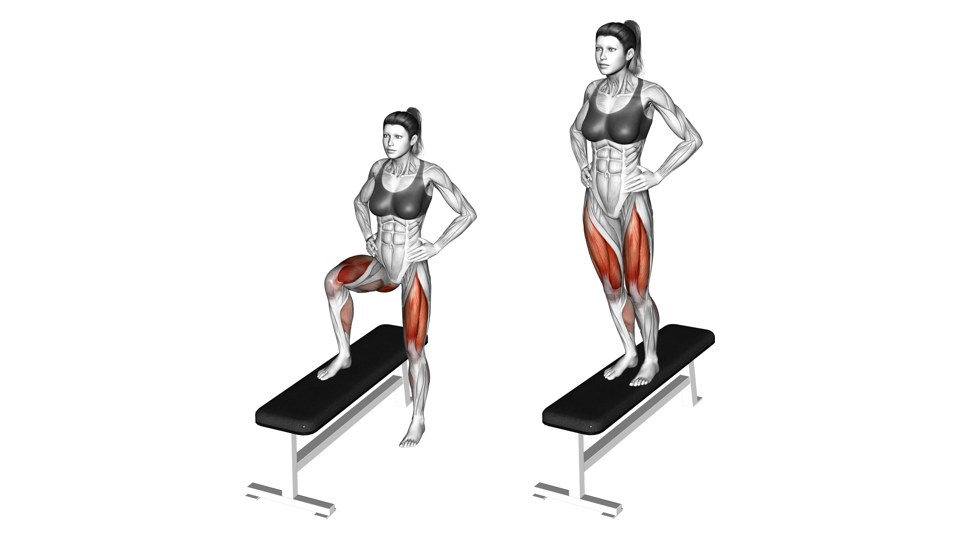 Anatomical illustration of a woman stepping sideways onto a bench, shown with one foot on the bench and then standing with both feet on top, with the thighs highlighted.