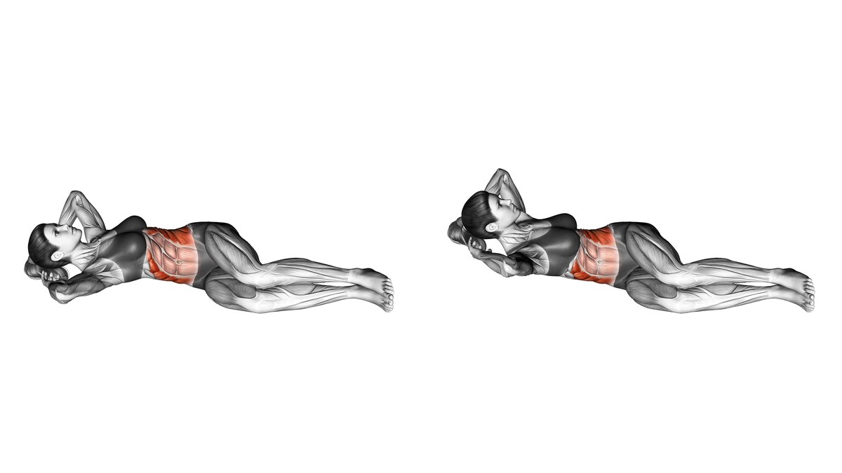 Two positions of a woman doing a floor side crunch, with bent knees resting together on one side, hands behind her head and the abdominal wall shaded red. Her upper back is down on the left and curled up on the right.