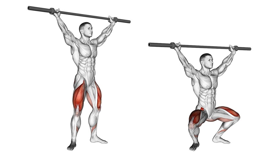 Exercise illustration: Standing and deep squat while holding a wide-grip barbell overhead.