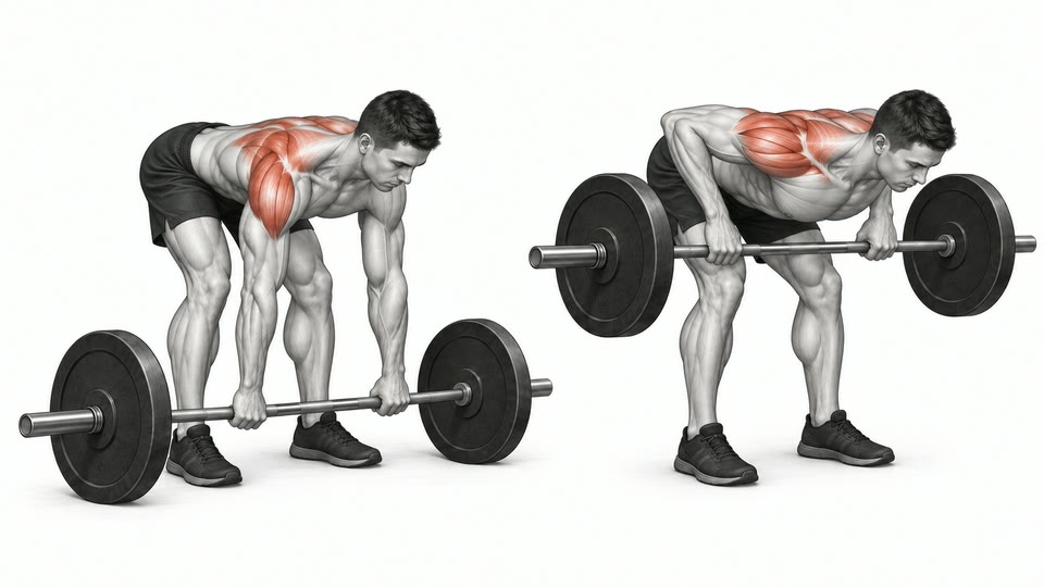 Anatomical illustration of a Pendlay row in two positions: the loaded bar resting on the floor below a near-horizontal torso, then pulled to the lower chest with the upper back highlighted.