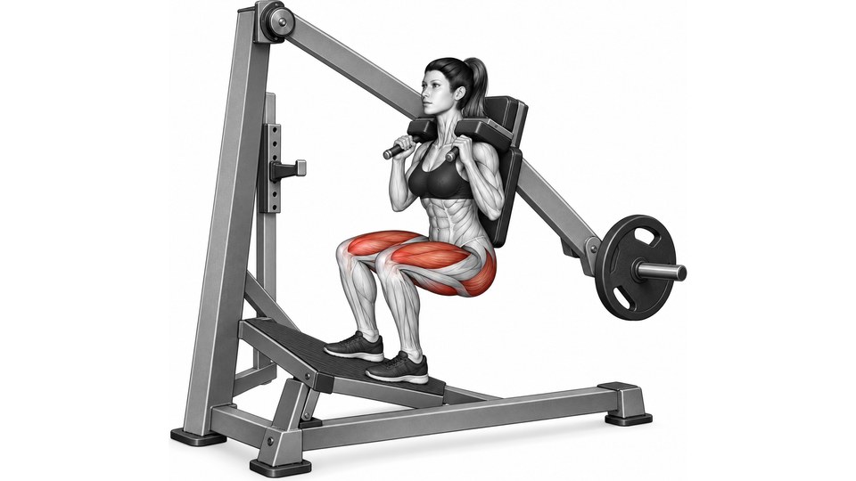 One three-quarter side view of a female anatomical model with knees and hips bent on a gray plate-loaded pendulum machine. Her shoulders are under pads, hands hold handles and both feet rest on an inclined platform. A high pivot connects to a long arm behind the back pad; thigh and glute regions are shaded red.
