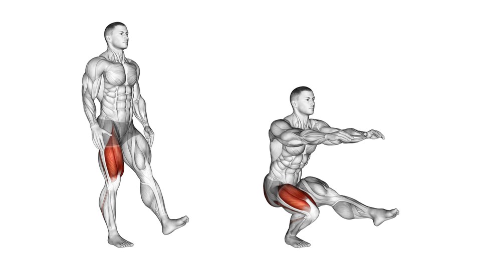 Anatomisk illustration af en pistol squat med kropsvægt i stående og sænket position, med det arbejdende lår og ballemusklen fremhævet.