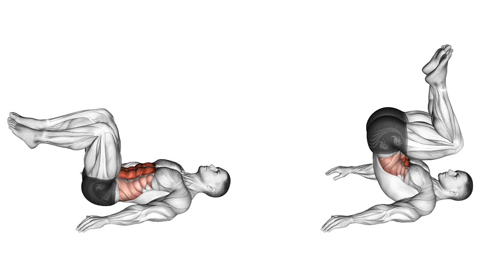 Two-frame side-view illustration of a man lying on his back with bent knees, then curling his pelvis so his hips lift and his knees travel toward his chest, with the abdominal wall highlighted.