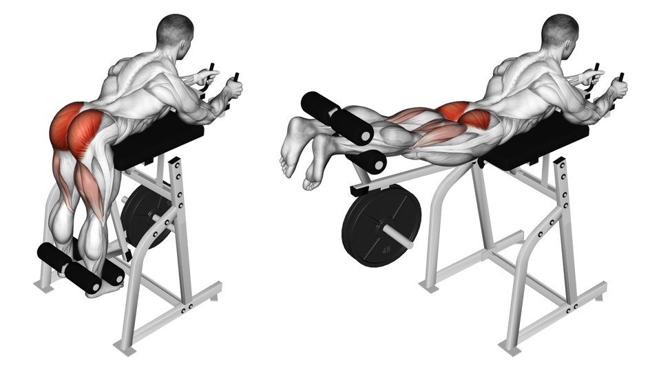 Rear three-quarter views of a man lying face down on a plate-loaded reverse hyper machine, with the legs hanging on the left and lifted behind him on the right. Rollers surround the lower legs; the glutes and backs of the thighs are shaded.