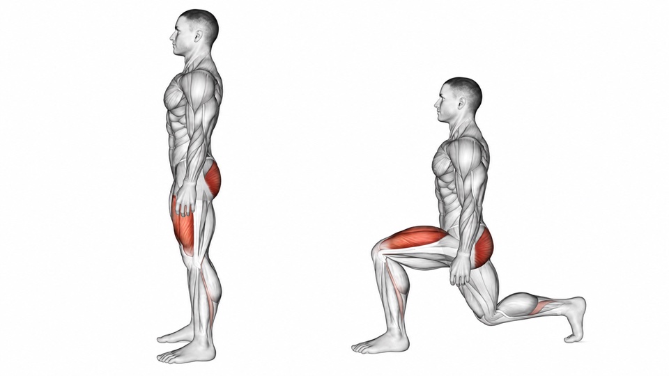 Two side-view anatomical illustrations of a man standing and then in a bodyweight reverse lunge, with the front foot flat, rear foot on the ball, and front thigh and glute highlighted red.