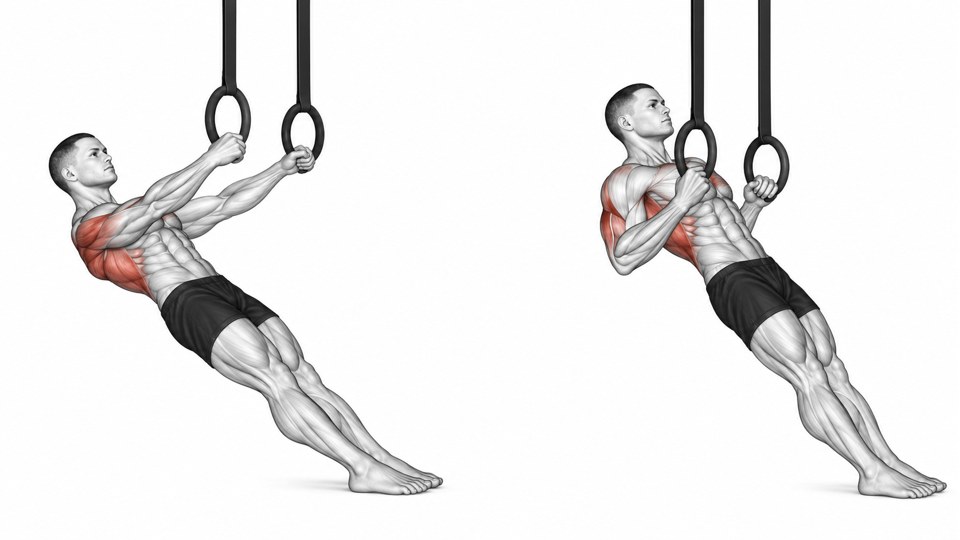 Exercise illustration: Inclined straight-body row with heels down, shown at arm extension and rings near the chest.
