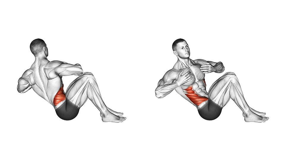 Anatomical illustration of a seated bodyweight Russian twist in two side-to-side positions, with the obliques and abdominal muscles highlighted.