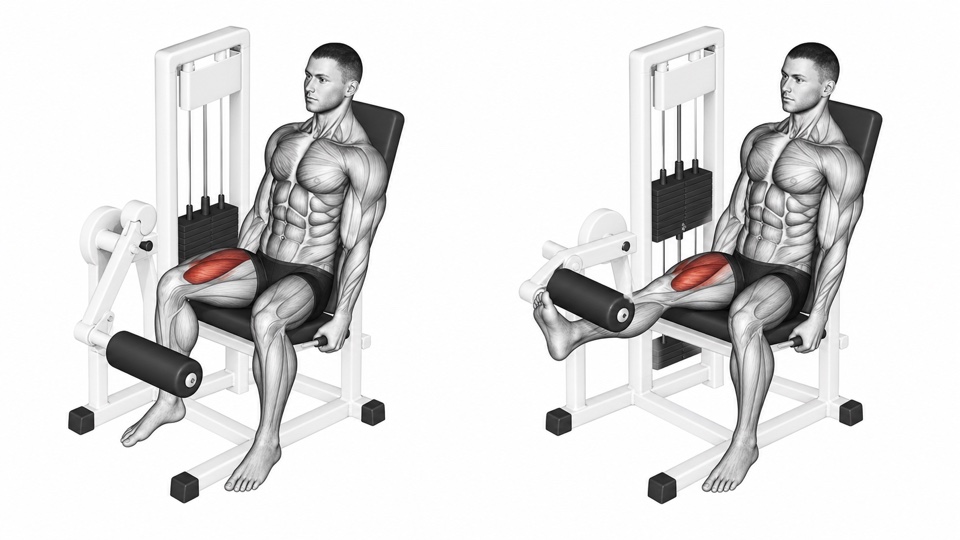 Two side-by-side anatomical illustrations of a man seated at a leg extension machine, with one leg bent and then extended while the other leg rests clear of the roller; the working quadriceps is highlighted red.