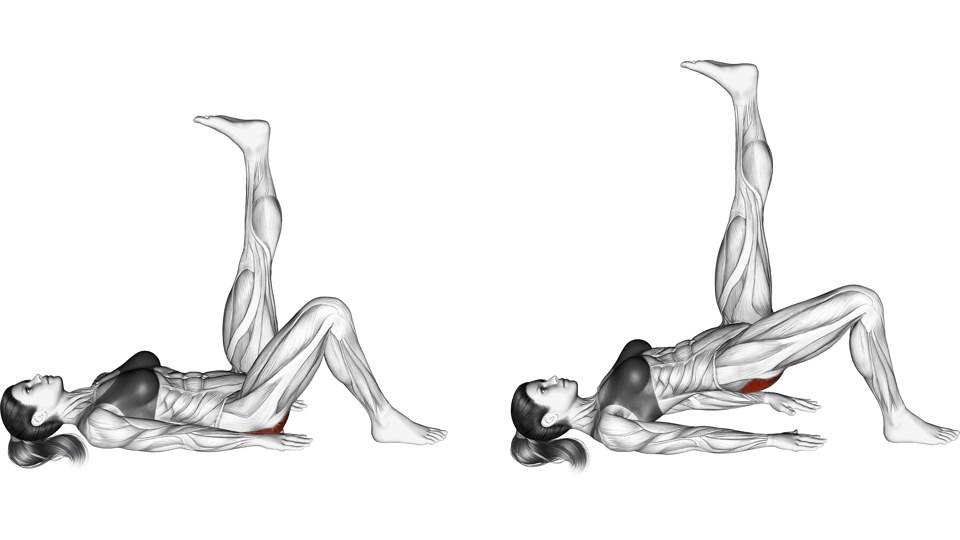 Two side views of a woman lying on her back with one foot planted and the other leg straight toward the ceiling, first with the hips down, then raised. The gluteal region of the working side is shaded.