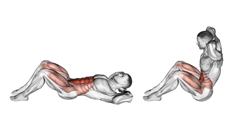 Anatomical illustration of a man performing a bent-knee bodyweight sit-up with feet planted and hands behind the head, with the abdominal and front-hip muscles highlighted.