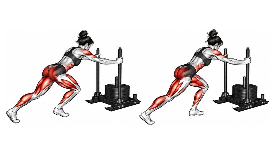 Two-position anatomical illustration of a high-handle sled push across alternating steps, with the thighs, glutes, calves and abdominal muscles highlighted.