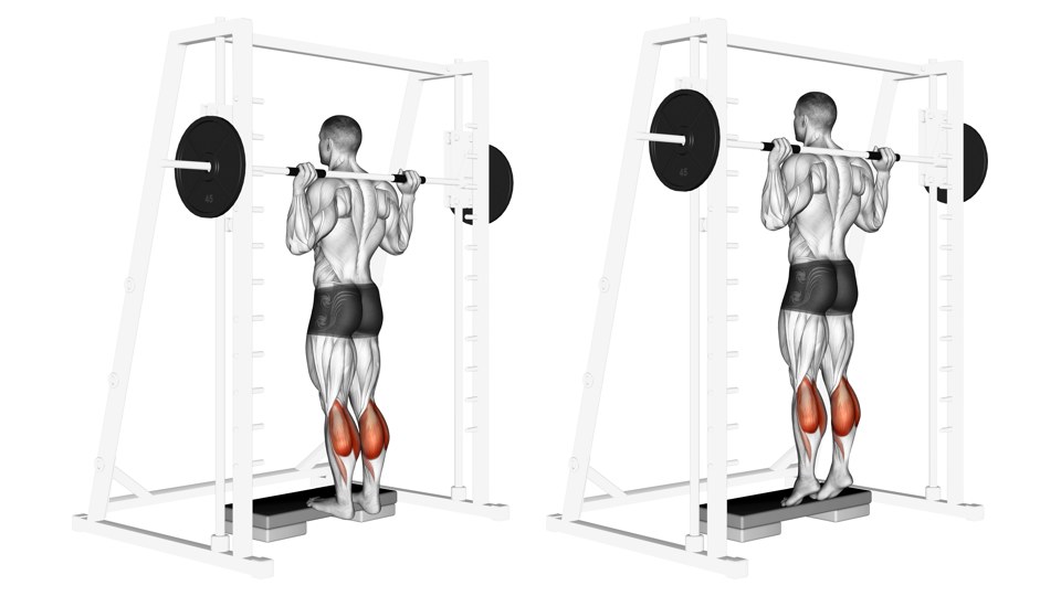 Anatomical illustration of a man with a Smith bar on his upper back and forefeet on a calf block, lowering and raising his heels.
