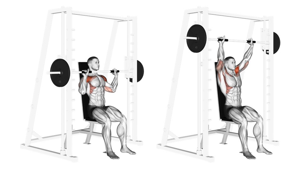 Two front three-quarter views of a seated man pressing a Smith machine bar in front of his head. The left frame shows the bar at shoulder height and the right shows straight arms overhead. An upright backrest supports his torso, with the shoulders and upper arms highlighted.