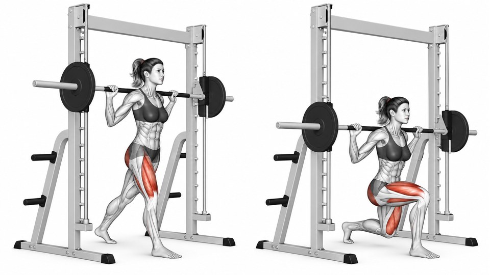 Two anatomical illustrations of a woman performing a Smith machine split squat, standing high on the left and lowered on the right, with the front foot flat and rear toes on the floor in both frames.