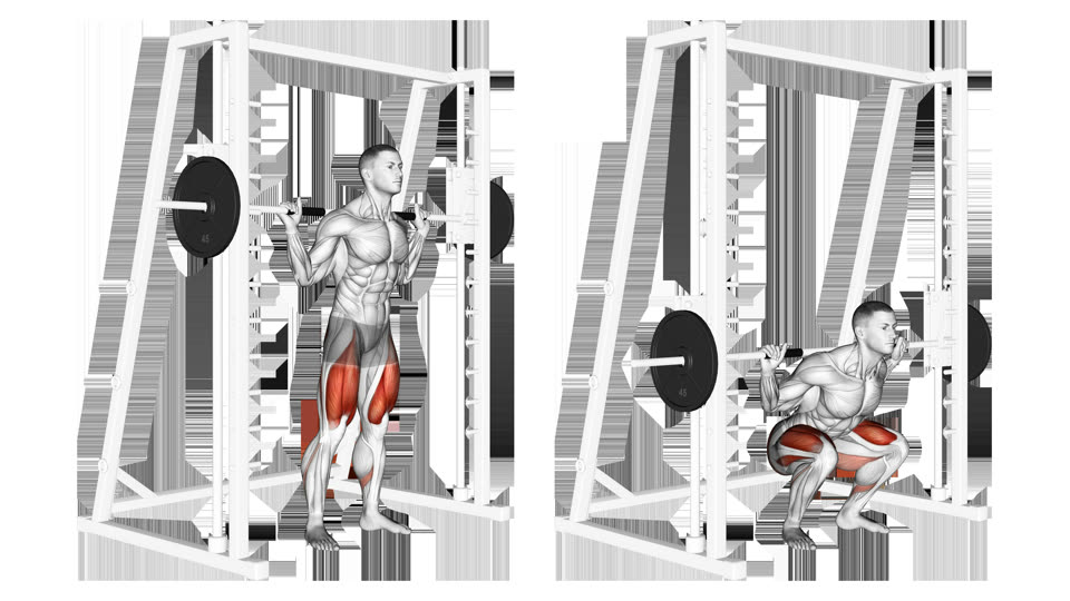 Anatomical illustration of a low-bar Smith machine squat shown standing and below parallel, with the thighs and glutes highlighted.