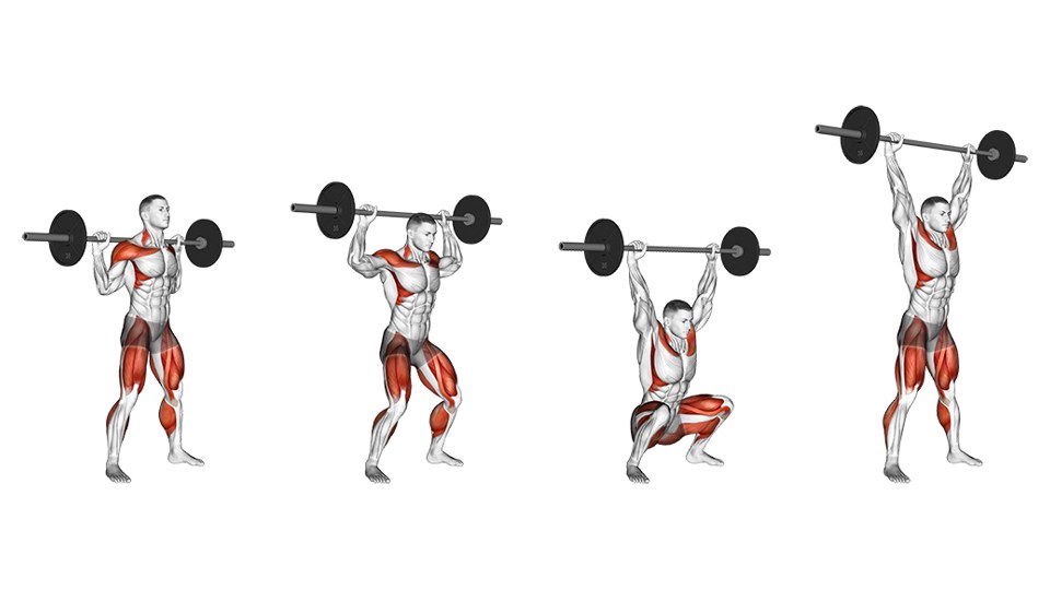 Exercise illustration: Back-rack preparation, dip and drive, full overhead-squat receiving position and recovery.