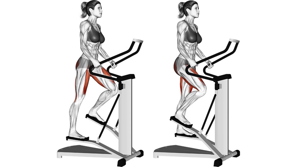 Two side-view anatomical illustrations of a woman using a pedal stair stepper on a white background. She stands upright in both frames with both hands around the curved rails, one foot on each independent pedal and her gaze forward. In the left frame her rear leg is nearly straight on the low pedal while the nearer knee is bent on the high pedal; in the right frame the pedal positions have reversed. The gluteal muscles and the front, inside and back of the thighs are highlighted red, while most of the calves and the upper body are left unshaded.