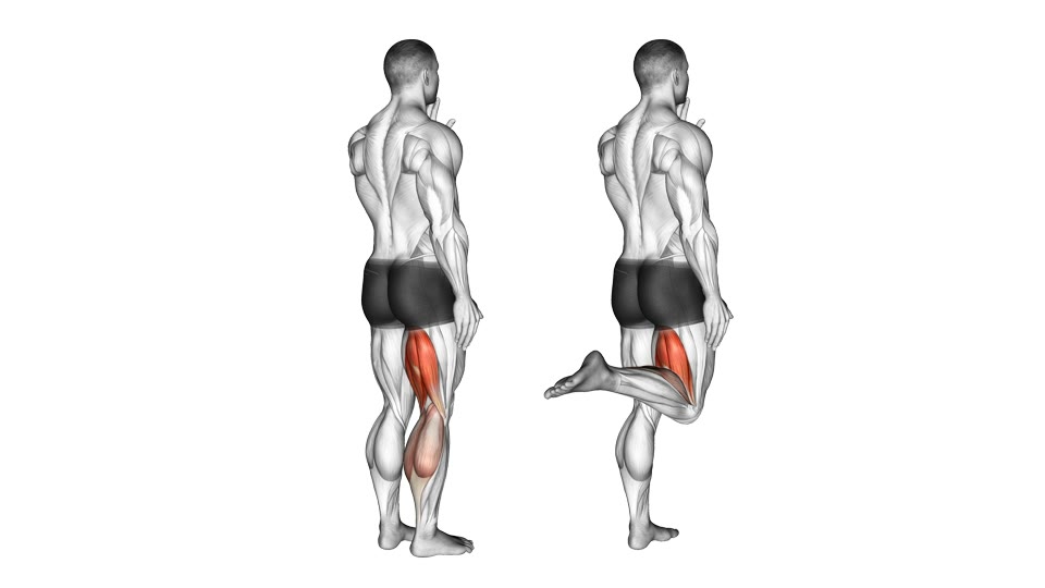 Two-frame rear-view anatomical illustration of a man standing on his left leg while curling his right heel upward, with the working hamstrings highlighted; resistance hardware is not shown.