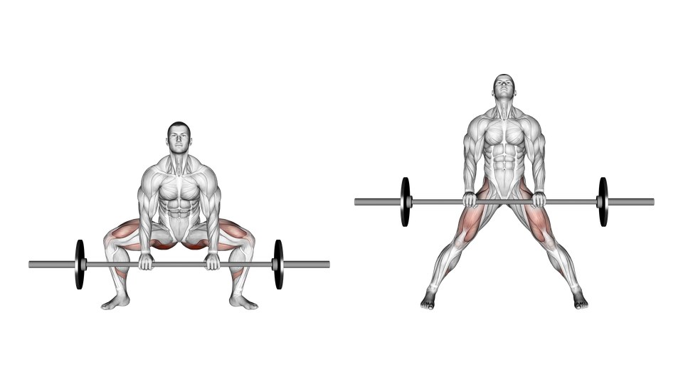 Front-view anatomical illustration of a man performing a wide-stance sumo barbell deadlift, with the glutes and inner and rear thighs highlighted.