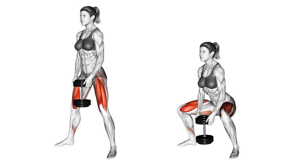 Anatomical illustration of a woman holding one dumbbell between her legs in the standing and bottom positions of a wide-stance sumo squat, with the thighs and glutes highlighted.