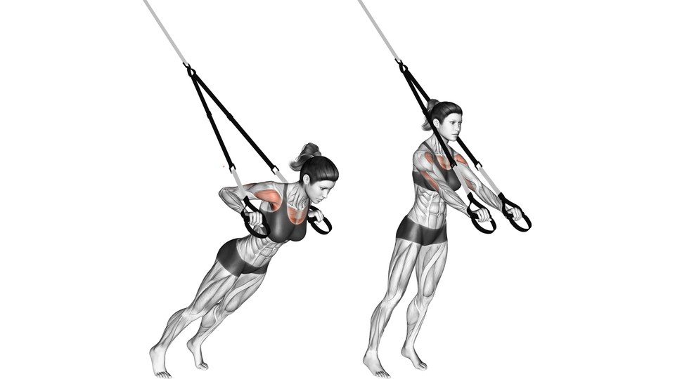 Two front three-quarter views of a woman facing away from a suspension anchor, with elbows bent beside her chest on the left and arms straight in front on the right.