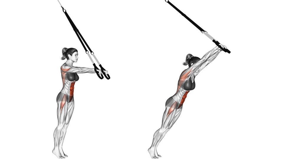 Two side views of a woman holding suspension handles, upright with arms in front on the left and leaning forward with straight arms overhead on the right.