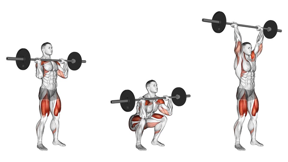 Exercise illustration: Front-rack standing position, full front squat and straight-arm overhead finish.