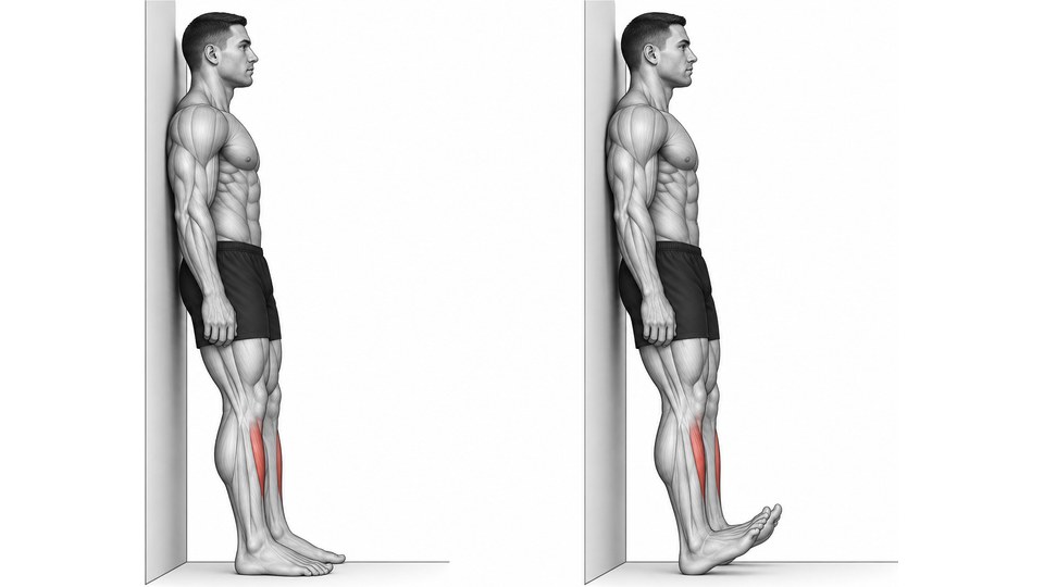 Anatomical illustration of a man leaning against a wall, first with both feet flat and then with the forefeet lifted while the heels remain on the floor; the fronts of the shins are highlighted.