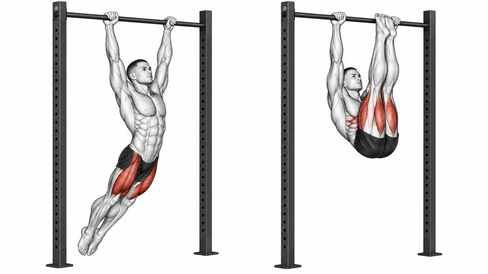 Exercise illustration: Straight-arm hang and both feet raised to the bar between the hands.