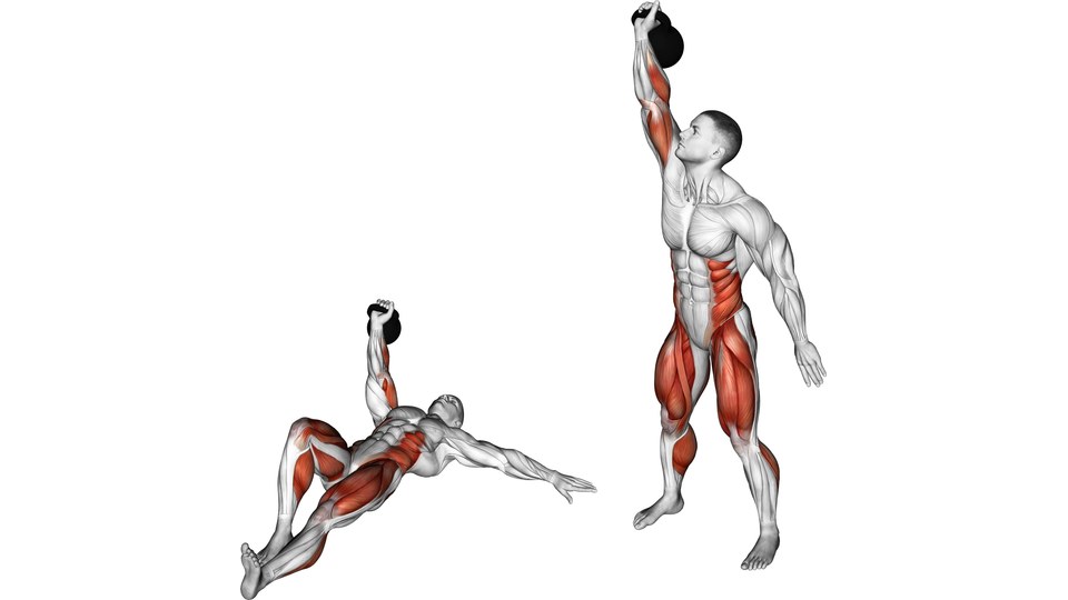 An anatomical model holds one kettlebell above his chest while lying down, then holds it overhead while standing.