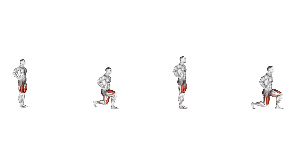 Anatomical illustration showing four side-view phases of bodyweight walking lunges, with the thighs and glutes highlighted.