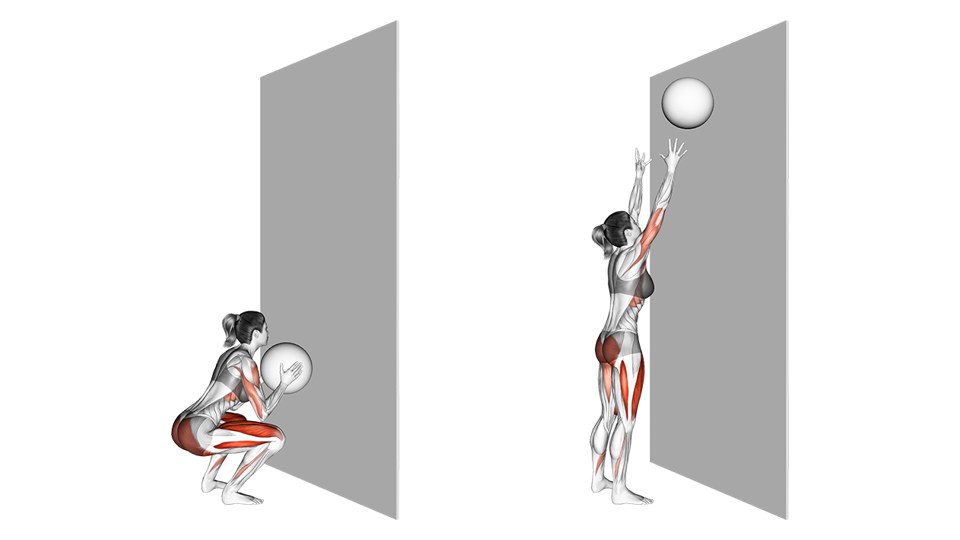 Exercise illustration: Deep squat holding a medicine ball at the chest and a standing throw toward a wall.
