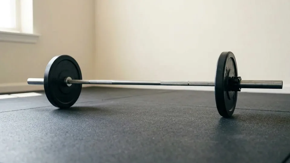 A barbell with matching plates resting on a rubber floor