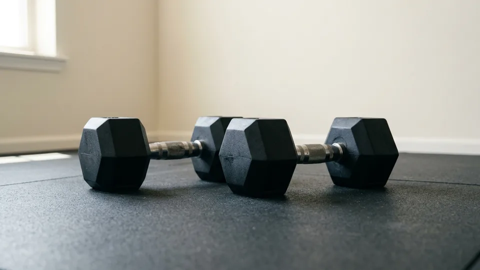 A pair of hex dumbbells on a home gym floor