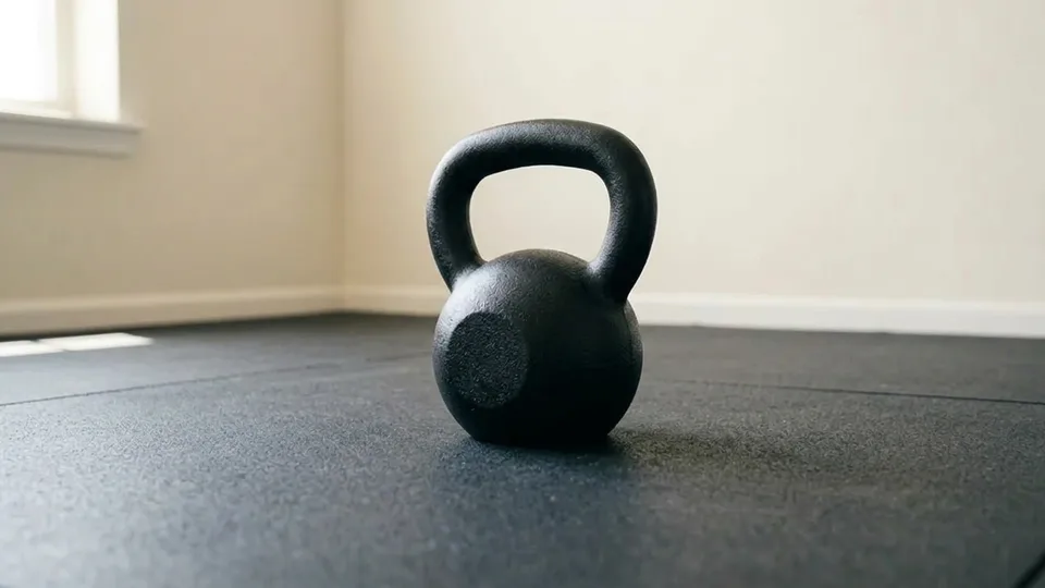 A cast-iron kettlebell on a home gym floor