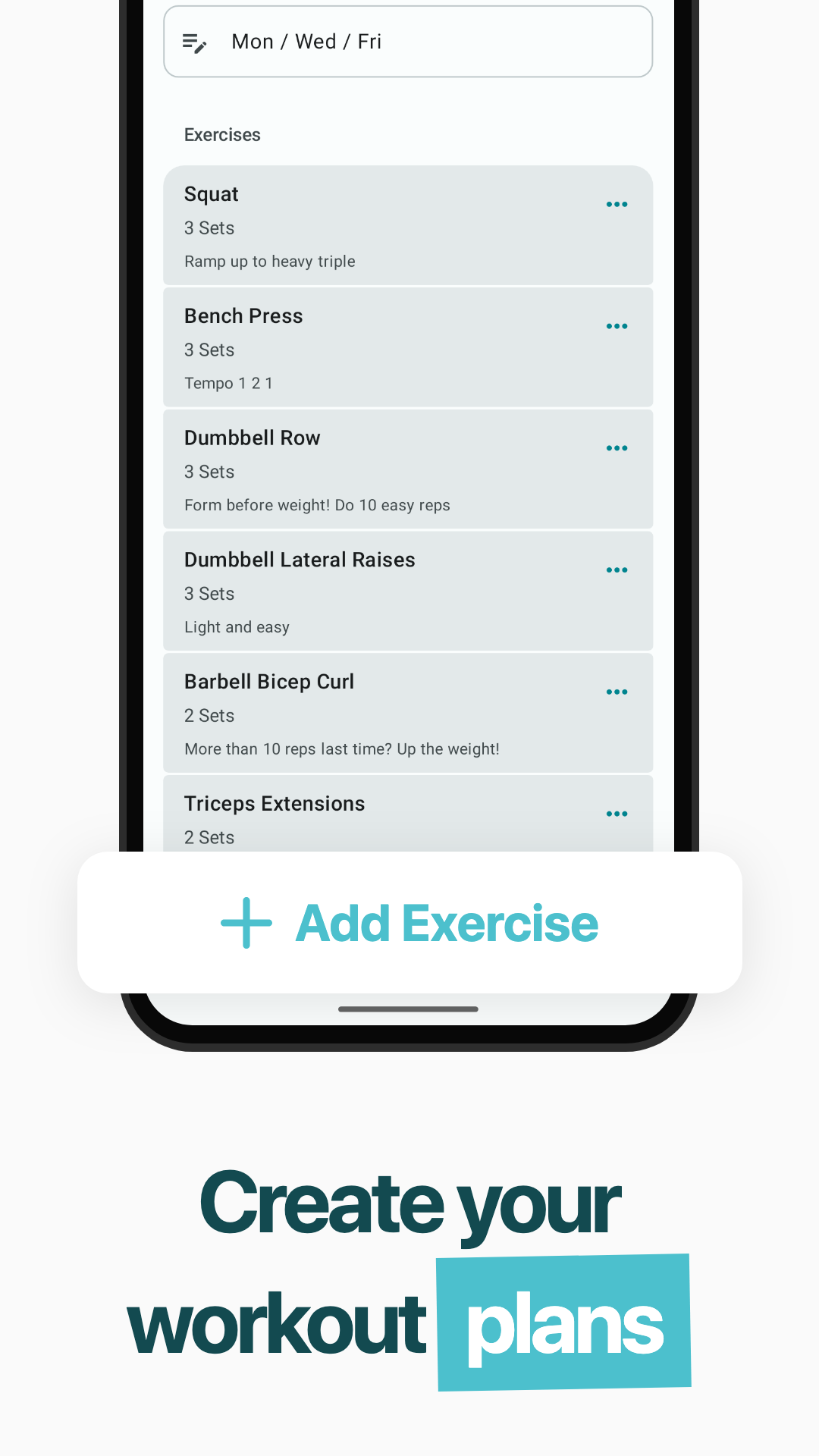 RepCount-Trainingsplan auf Android mit Übungen und Notizen in einem Google Play-Werbebild