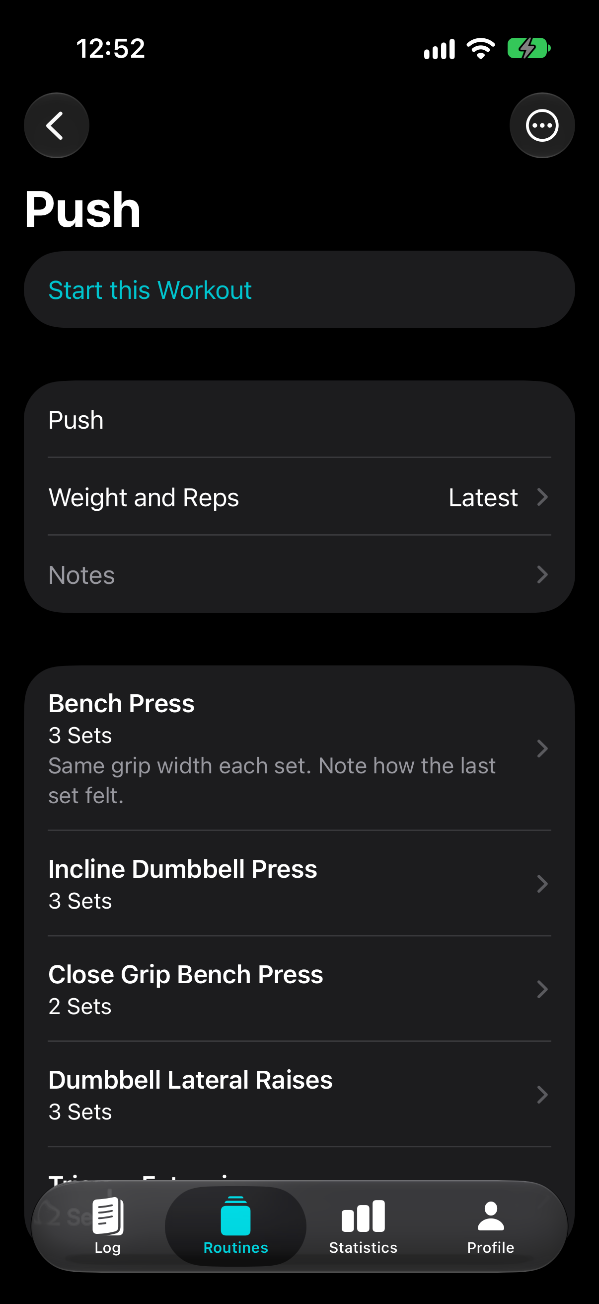RepCount-Push-Trainingsplan auf iOS mit Satzzahlen pro Übung und Notizen